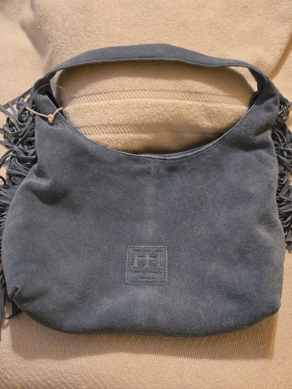 Haute Hippie Blue Suede Hobo Bag Fringe Shoulder Tote Purse New with Tags